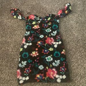 Black & embroidered floral strapless, ruffles off the shoulder dress. Size L.